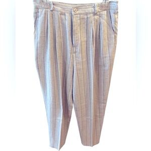 Tan/Cream/Khaki Striped Flax/Polyester Straight Leg Pants by Briggs NY.  Size=12